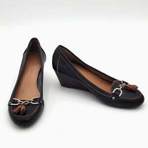 Tommy Hilfiger Wedge Heel Sz8.5M Shoes 2in Chain Tassel Blue Brown Academic